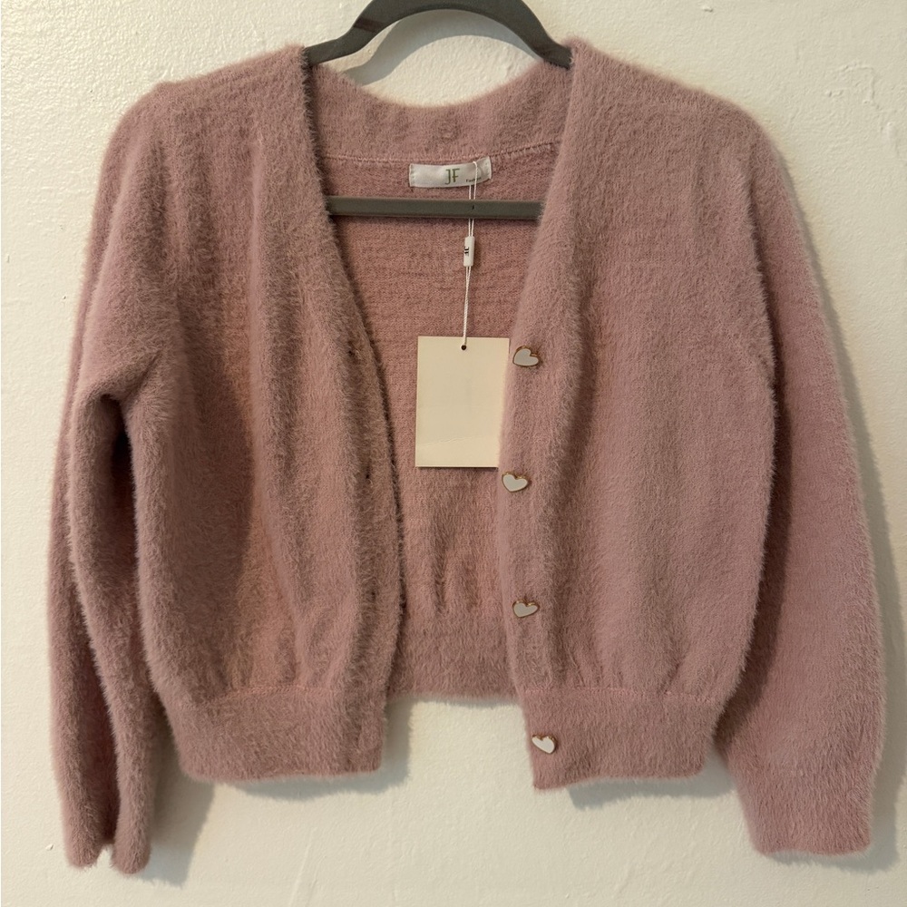 Pink Fuzzy Cardigan with Heart Buttons